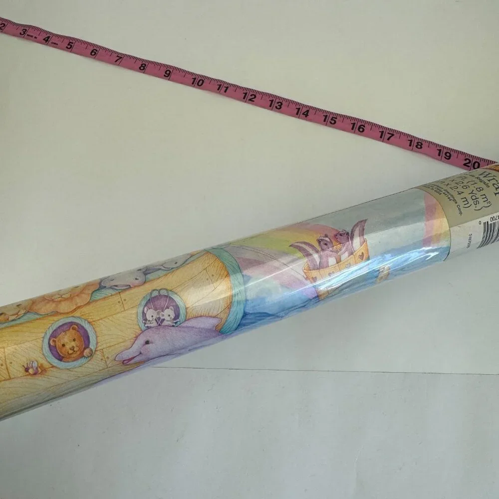 Sealed Vtg American Greetings Noah's Ark Pastel‎ Baby Shower Wrapping Paper Tube